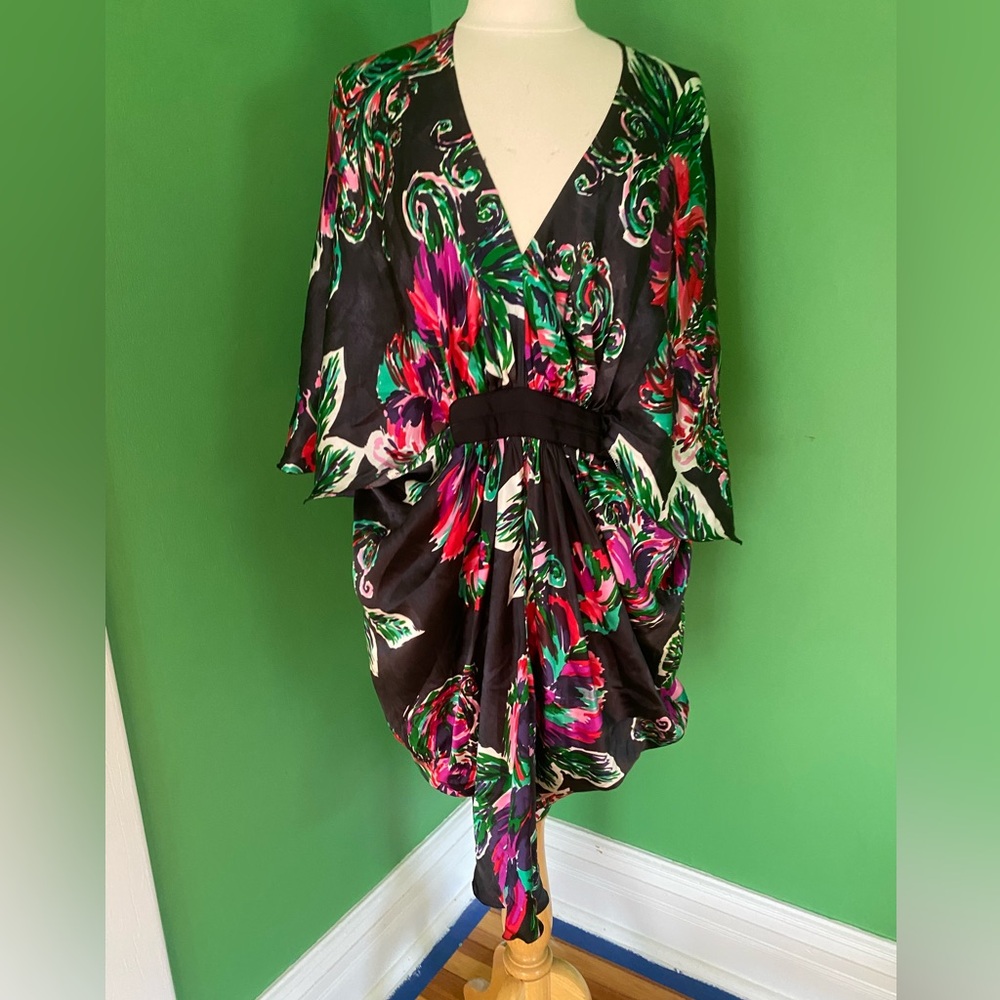 Paul & Joe Paris silk kaftan Black Floral V-Neck Tie-Waist mini Dress